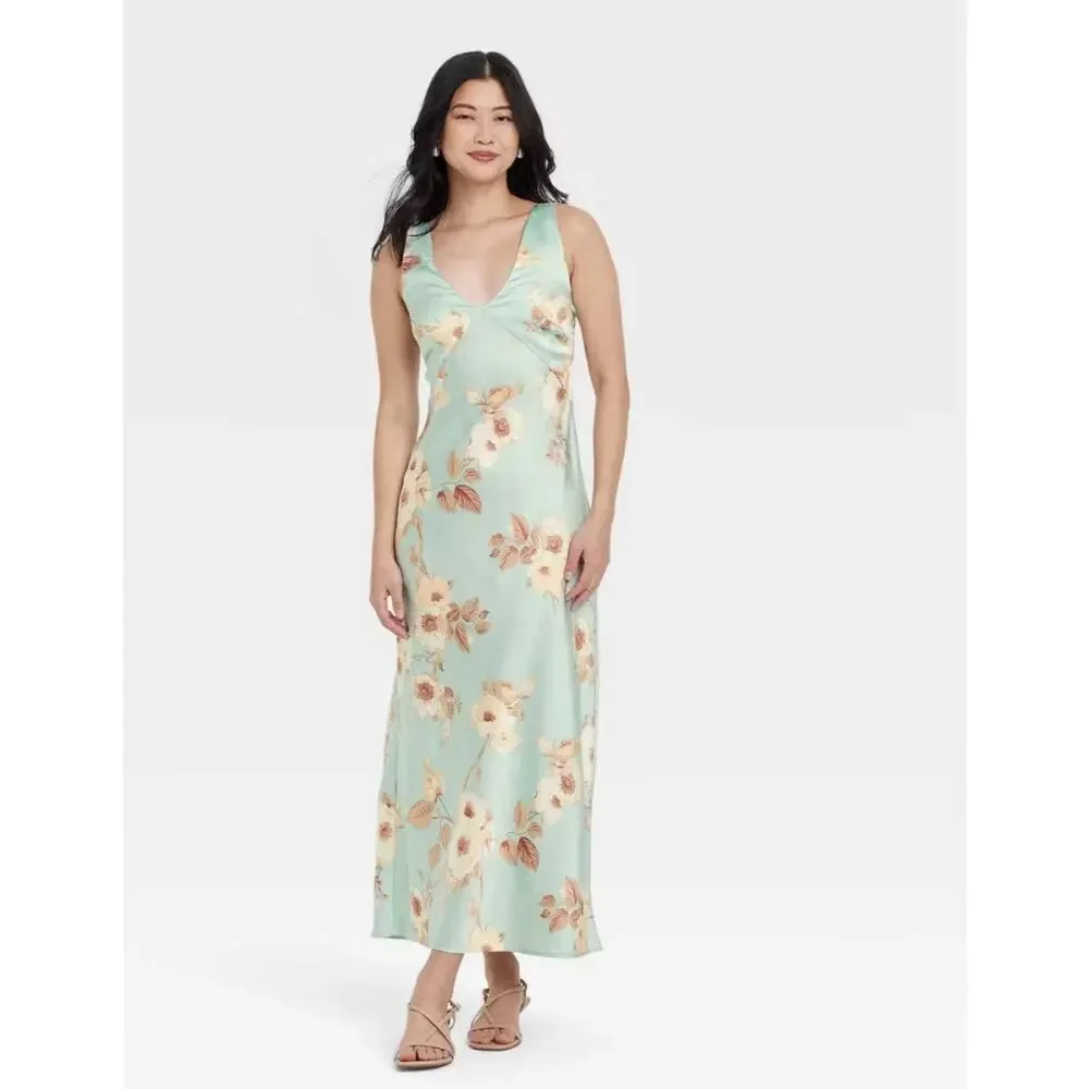 NWT - Women's Satin Slip Maxi Dress - A New Day - Size Large - Mint - Picture 1 of 4
